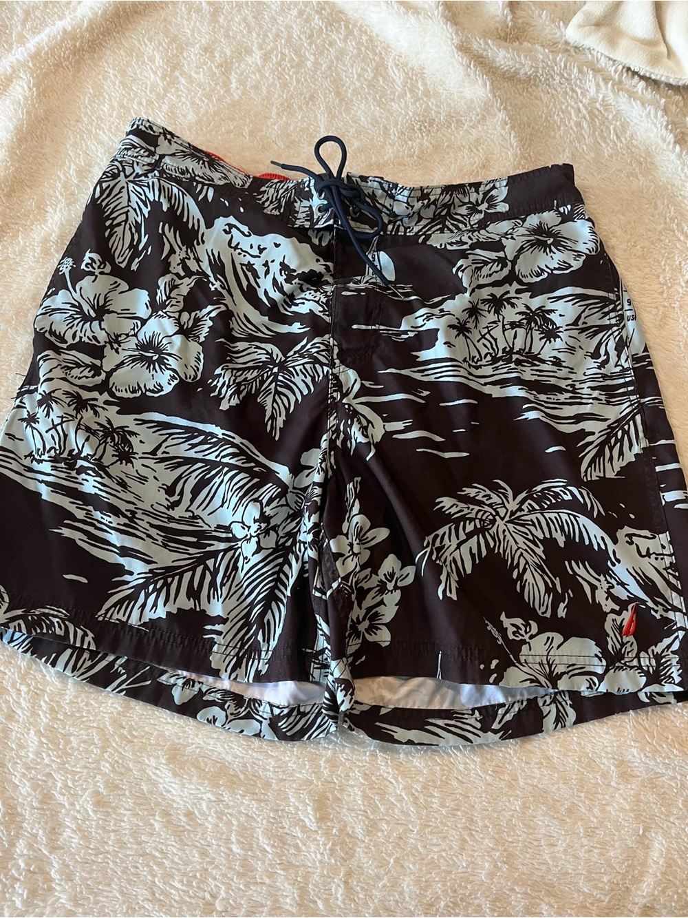 Nautica Black Swim Trunks with Light Blue Tropical Print